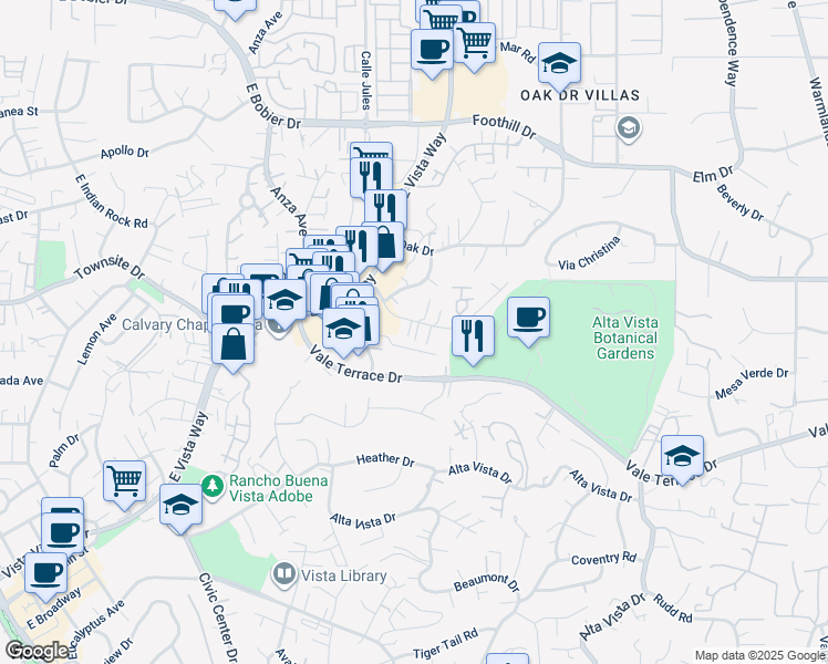 map of restaurants, bars, coffee shops, grocery stores, and more near 1037-43 Meadow Lake Drive in Vista