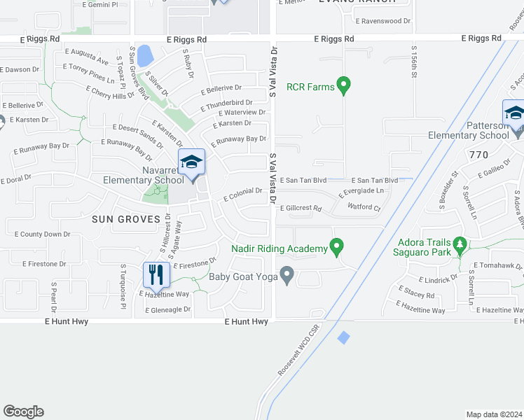 map of restaurants, bars, coffee shops, grocery stores, and more near 4977 East Westchester Drive in Chandler