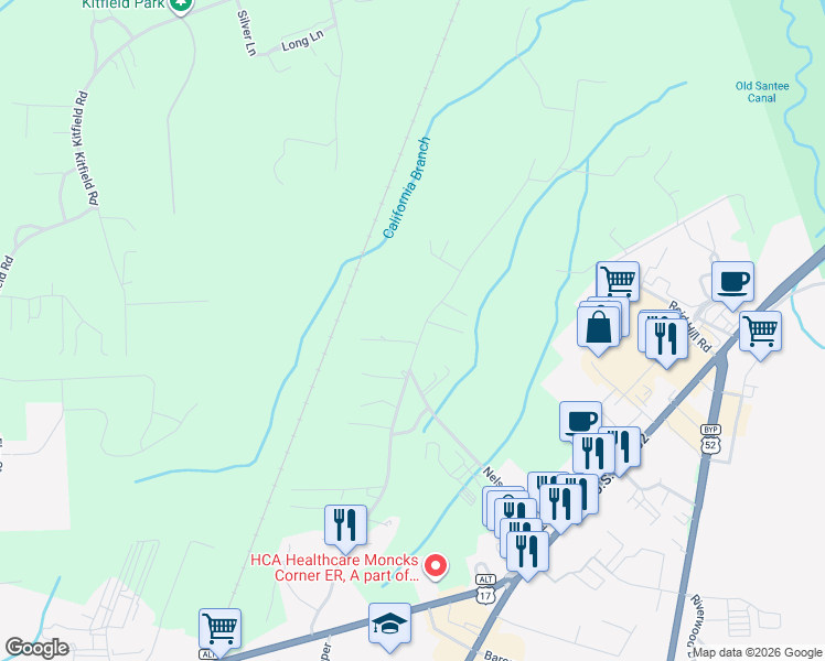 map of restaurants, bars, coffee shops, grocery stores, and more near 252 Mitton Road in Moncks Corner