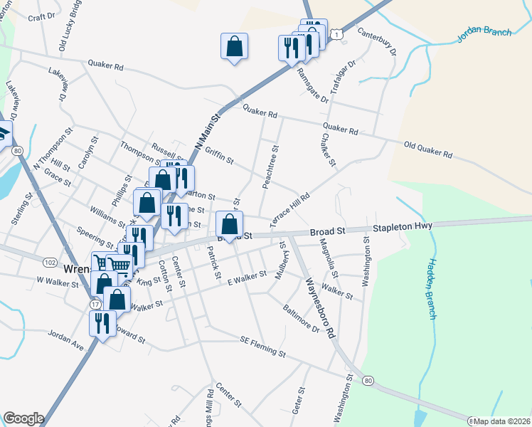 map of restaurants, bars, coffee shops, grocery stores, and more near 409 Stone Street in Wrens