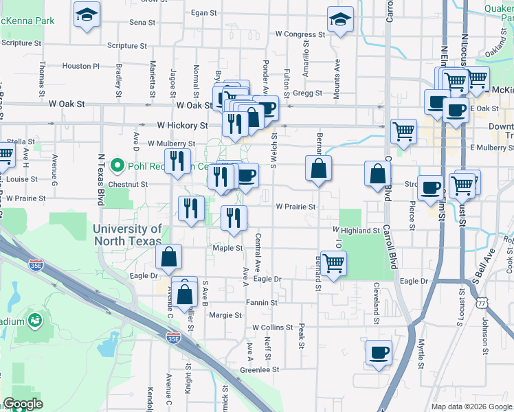map of restaurants, bars, coffee shops, grocery stores, and more near Union Circle in Denton