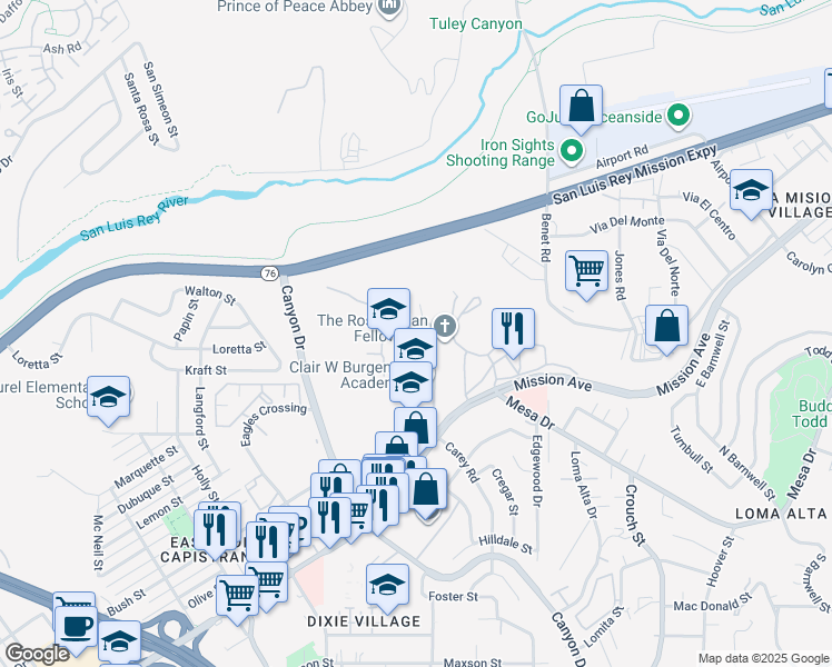map of restaurants, bars, coffee shops, grocery stores, and more near Poplar Road in Oceanside
