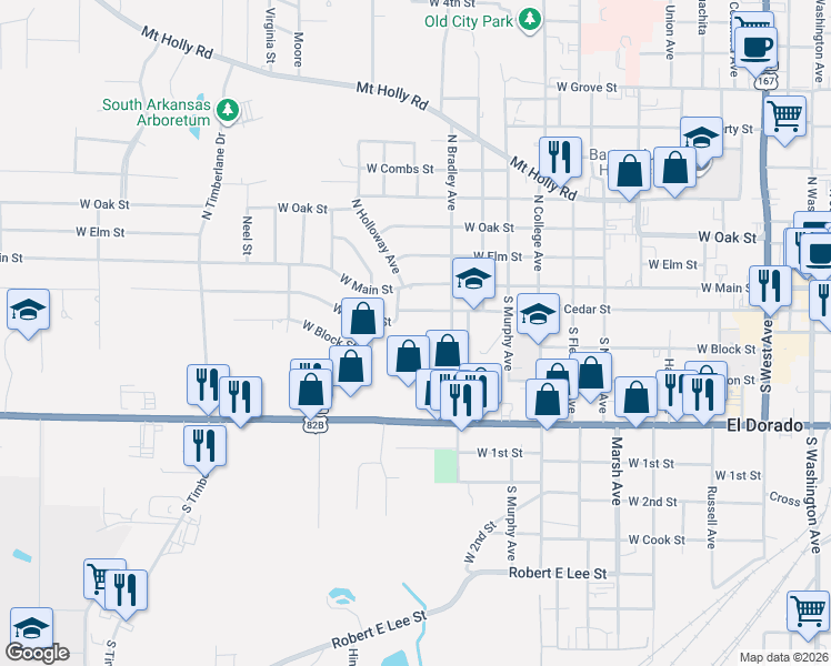 map of restaurants, bars, coffee shops, grocery stores, and more near 1215 West Block Street in El Dorado