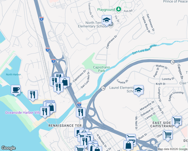 map of restaurants, bars, coffee shops, grocery stores, and more near Capistrano Drive in Oceanside