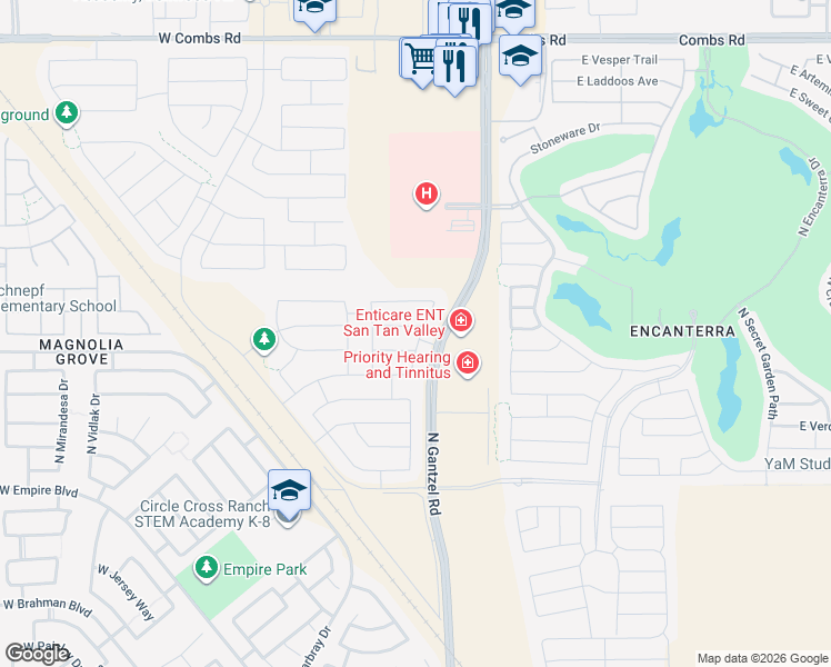 map of restaurants, bars, coffee shops, grocery stores, and more near 36427 North Takota Trail in San Tan Valley