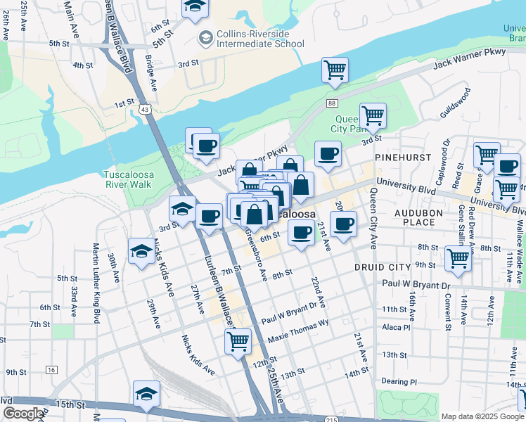 map of restaurants, bars, coffee shops, grocery stores, and more near 2304 University Boulevard in Tuscaloosa