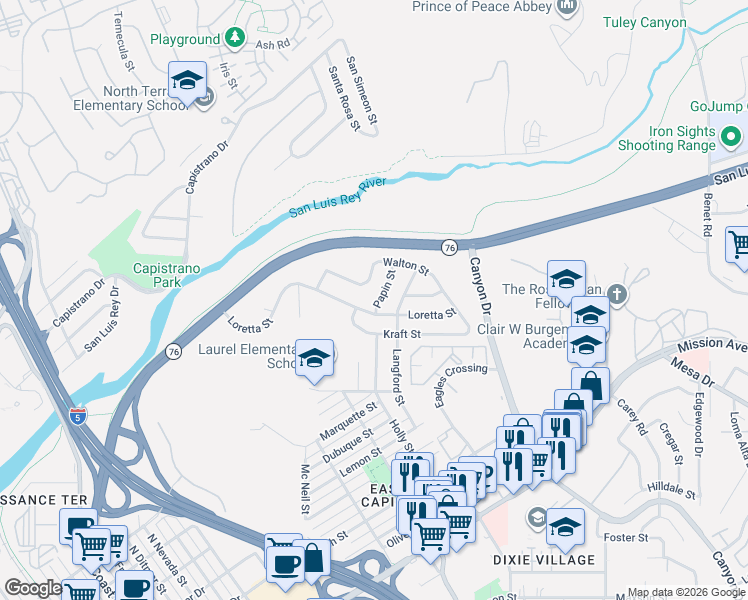 map of restaurants, bars, coffee shops, grocery stores, and more near 1408 Papin Street in Oceanside