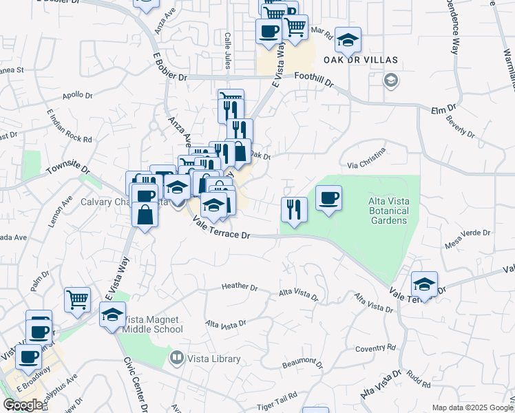 map of restaurants, bars, coffee shops, grocery stores, and more near 1010 Clearbrook Lane in Vista