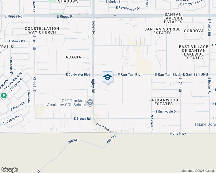 map of restaurants, bars, coffee shops, grocery stores, and more near 7655 South Higley Road in Queen Creek