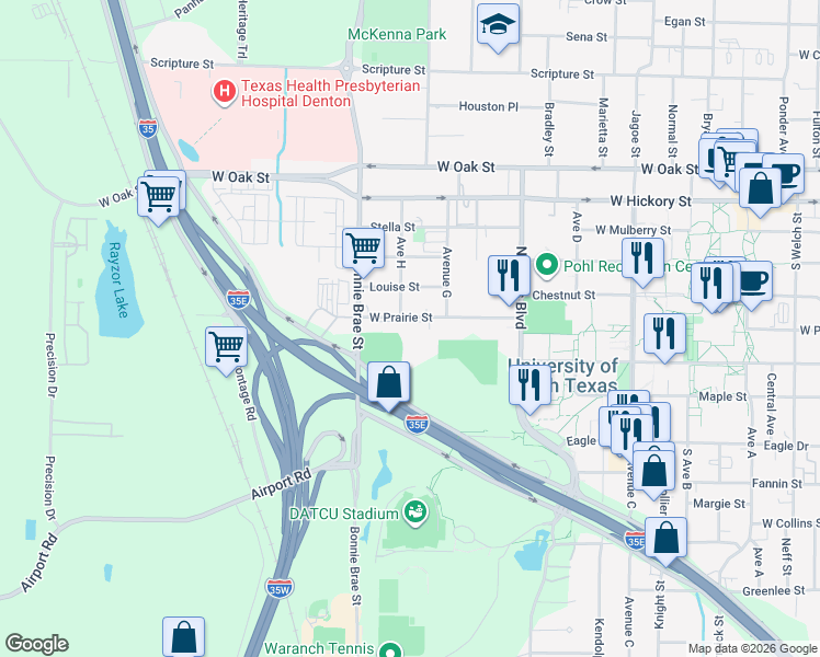 map of restaurants, bars, coffee shops, grocery stores, and more near 2427 West Prairie Street in Denton