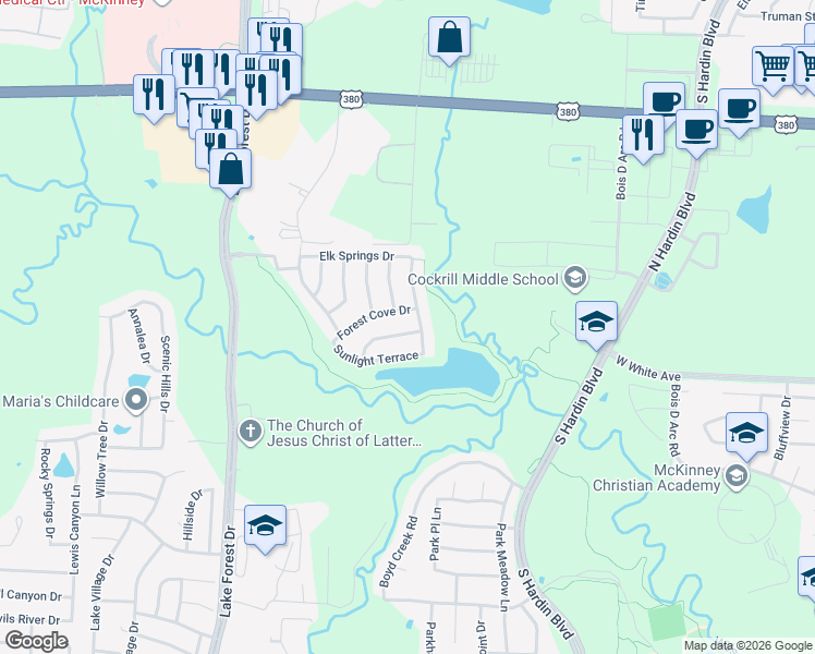 map of restaurants, bars, coffee shops, grocery stores, and more near 4505 Moonlight Drive in McKinney