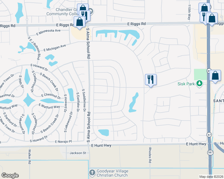 map of restaurants, bars, coffee shops, grocery stores, and more near 26018 South Foxglenn Drive in Sun Lakes