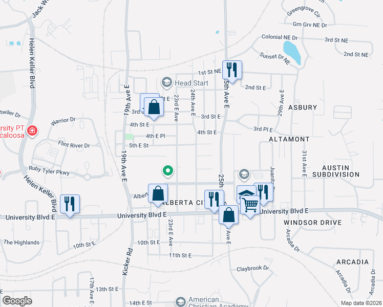 map of restaurants, bars, coffee shops, grocery stores, and more near 530 24th Avenue East in Tuscaloosa