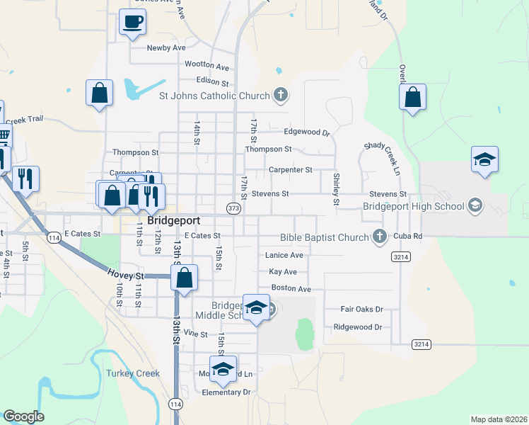 map of restaurants, bars, coffee shops, grocery stores, and more near 1711 Halsell Street in Bridgeport