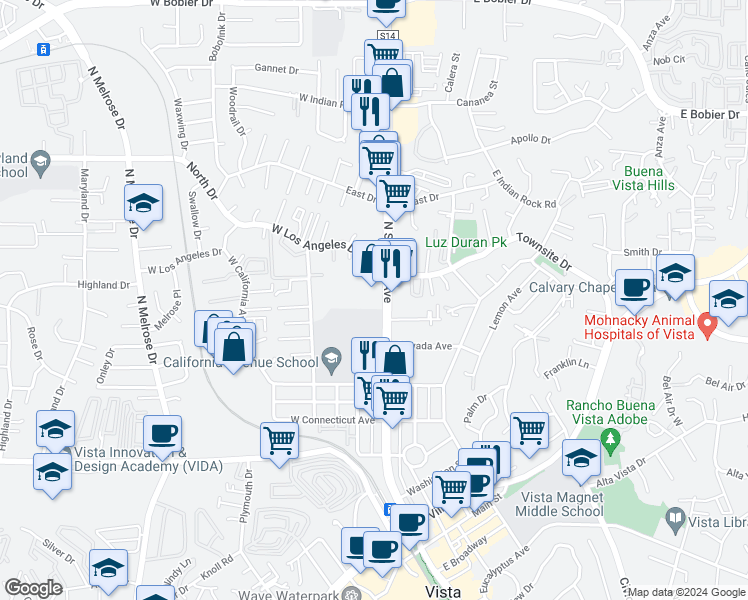 map of restaurants, bars, coffee shops, grocery stores, and more near 820 North Santa Fe Avenue in Vista