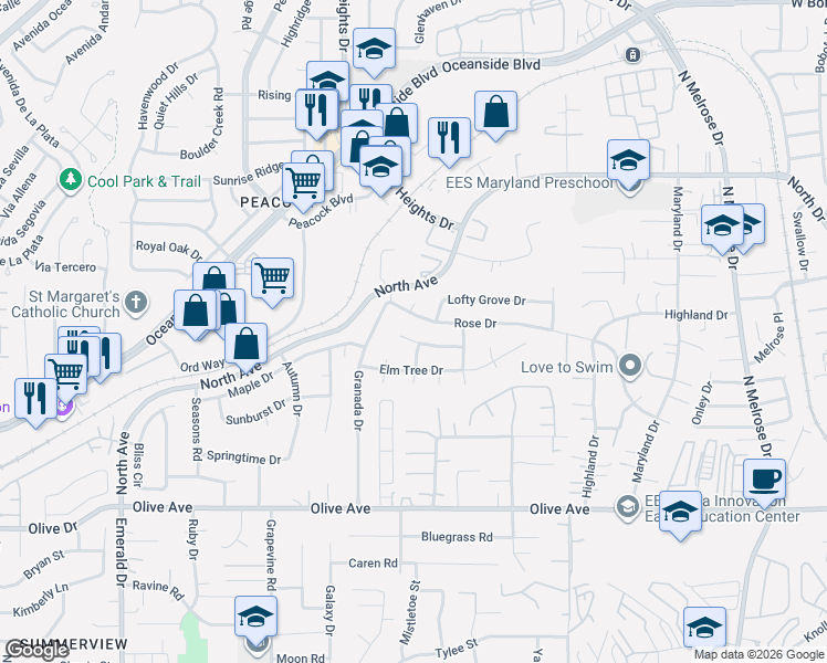 map of restaurants, bars, coffee shops, grocery stores, and more near 4713 Mahogany Drive in Oceanside