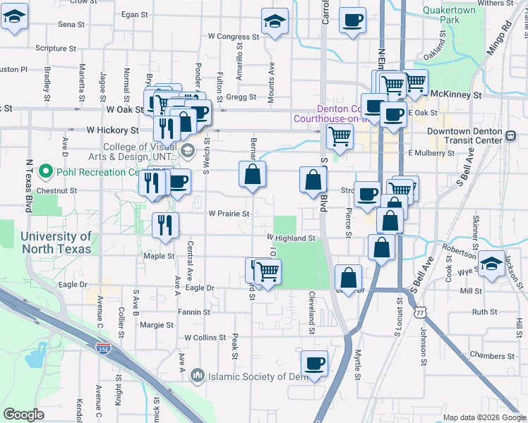 map of restaurants, bars, coffee shops, grocery stores, and more near 510 Bernard Street in Denton