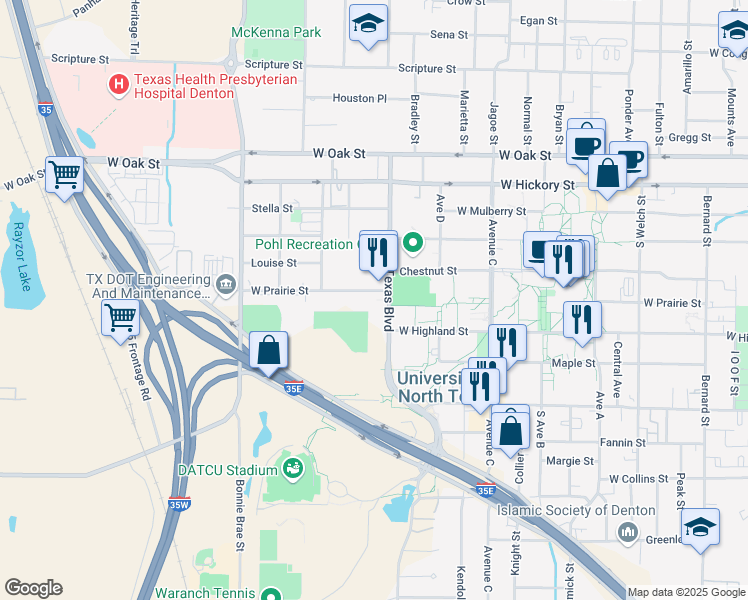 map of restaurants, bars, coffee shops, grocery stores, and more near 502 North Texas Boulevard in Denton
