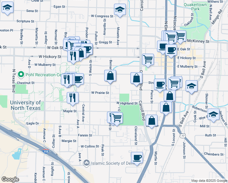 map of restaurants, bars, coffee shops, grocery stores, and more near 425 Bernard Street in Denton