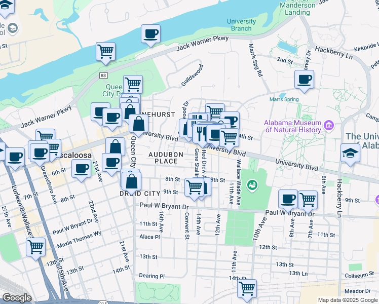 map of restaurants, bars, coffee shops, grocery stores, and more near 1408 6th Street in Tuscaloosa