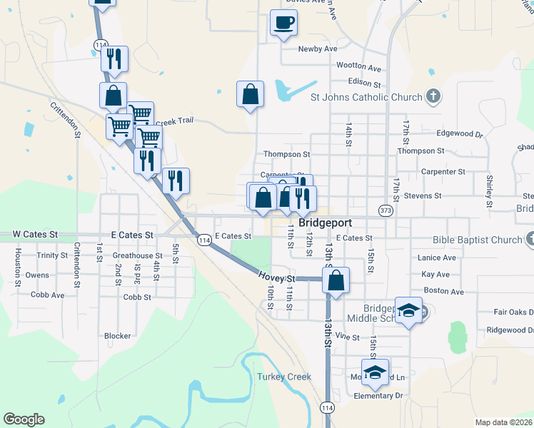 map of restaurants, bars, coffee shops, grocery stores, and more near 1002 Halsell Street in Bridgeport