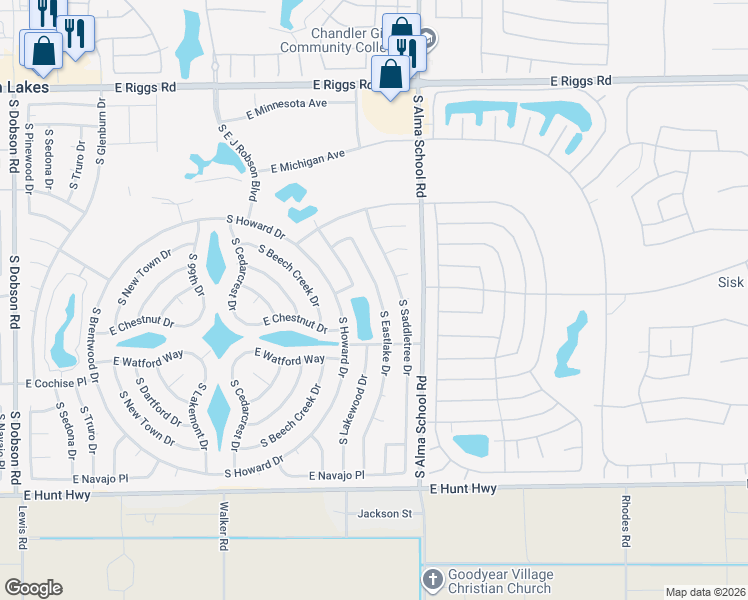 map of restaurants, bars, coffee shops, grocery stores, and more near 26014 South Eastlake Drive in Sun Lakes