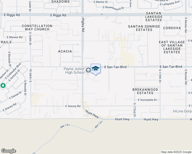map of restaurants, bars, coffee shops, grocery stores, and more near 7655 South Higley Road in Queen Creek