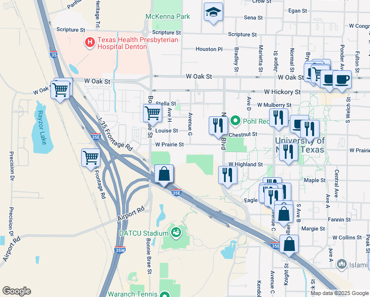 map of restaurants, bars, coffee shops, grocery stores, and more near 2301 West Prairie Street in Denton