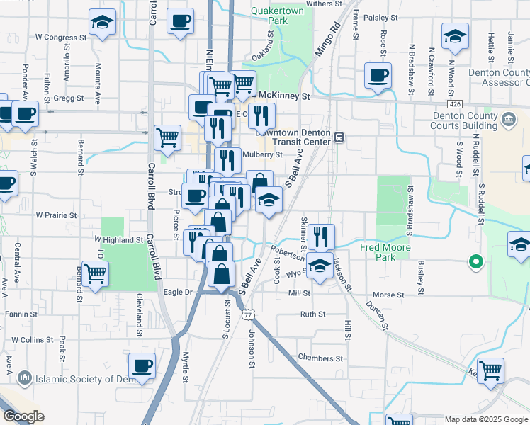 map of restaurants, bars, coffee shops, grocery stores, and more near in Denton