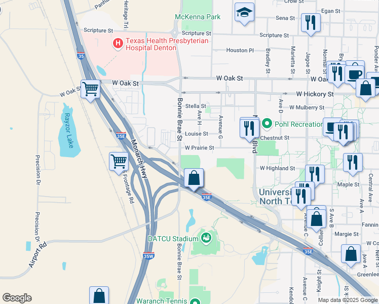map of restaurants, bars, coffee shops, grocery stores, and more near 2519 W Prairie St in Denton