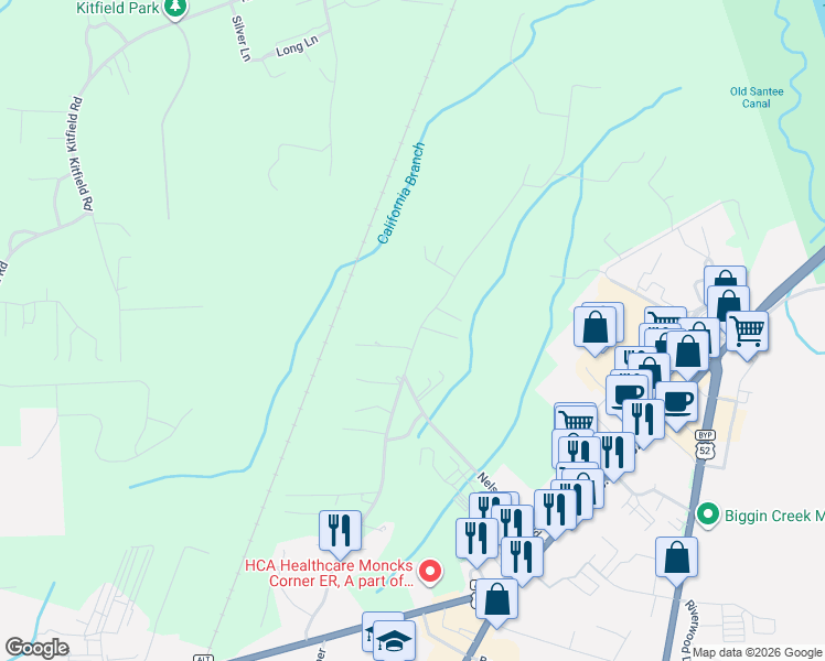 map of restaurants, bars, coffee shops, grocery stores, and more near 252 Mitton Road in Moncks Corner