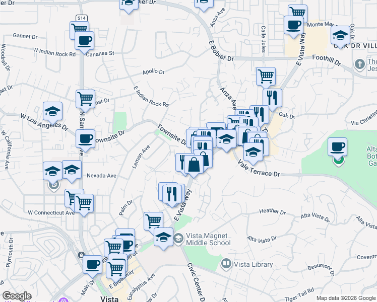 map of restaurants, bars, coffee shops, grocery stores, and more near 745 Townsite Drive in Vista