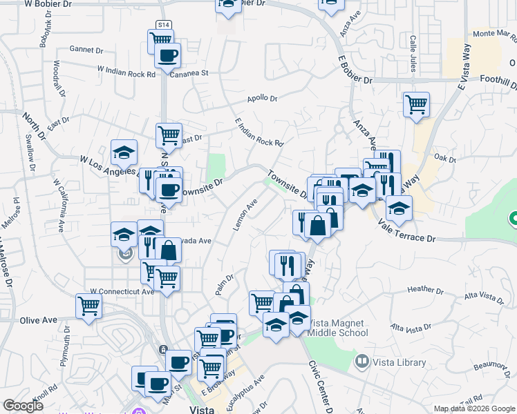 map of restaurants, bars, coffee shops, grocery stores, and more near 839 Raintree Place in Vista