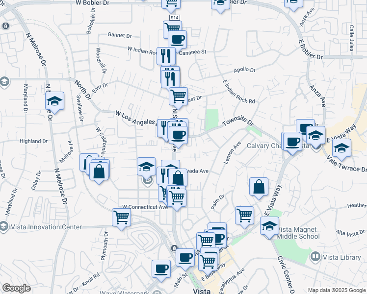 map of restaurants, bars, coffee shops, grocery stores, and more near 757 North Santa Fe Avenue in Vista