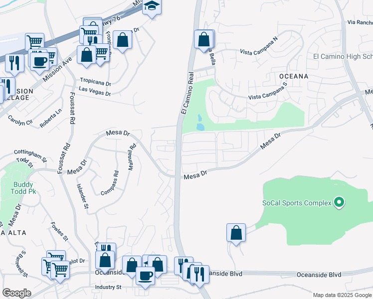map of restaurants, bars, coffee shops, grocery stores, and more near 3501 Pear Blossom Avenue in Oceanside
