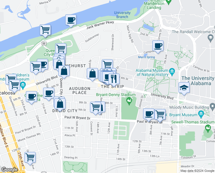 map of restaurants, bars, coffee shops, grocery stores, and more near 512 Frank Thomas Avenue in Tuscaloosa