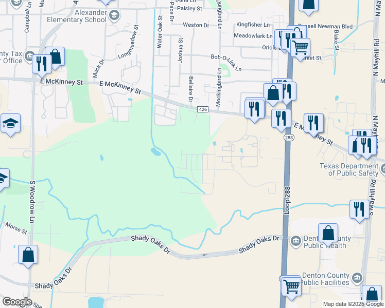 map of restaurants, bars, coffee shops, grocery stores, and more near 314 Wrangler Lane in Denton