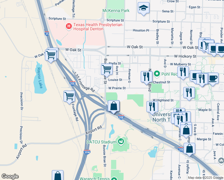 map of restaurants, bars, coffee shops, grocery stores, and more near 2519 West Prairie Street in Denton