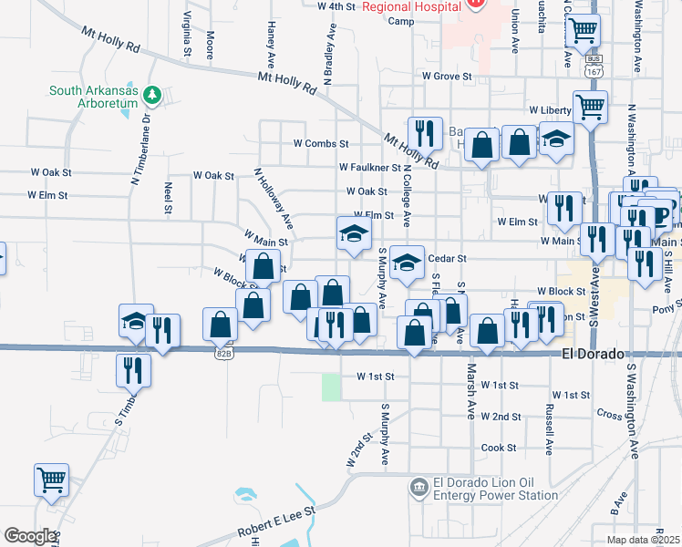 map of restaurants, bars, coffee shops, grocery stores, and more near 221 South Bradley Avenue in El Dorado
