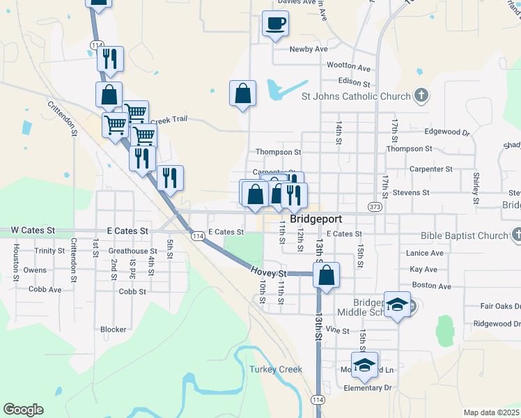map of restaurants, bars, coffee shops, grocery stores, and more near 1002 Halsell Street in Bridgeport