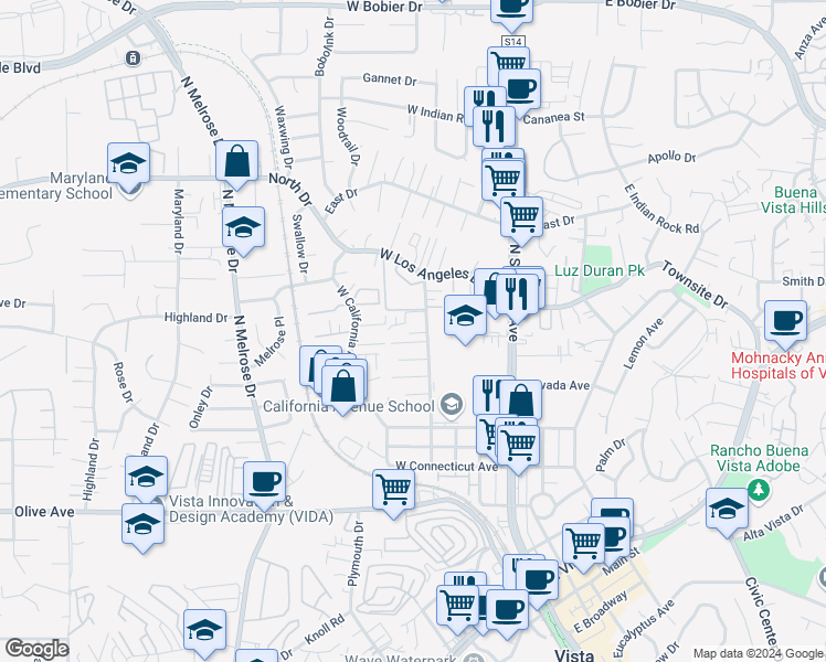 map of restaurants, bars, coffee shops, grocery stores, and more near Plaza De Benito Juarez in Vista