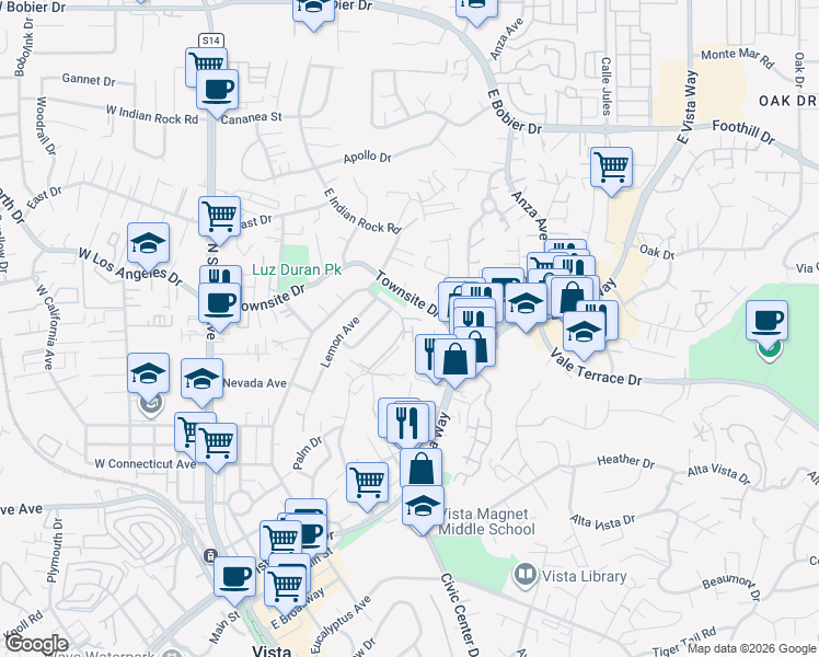 map of restaurants, bars, coffee shops, grocery stores, and more near 615 Truly Terrace in Vista