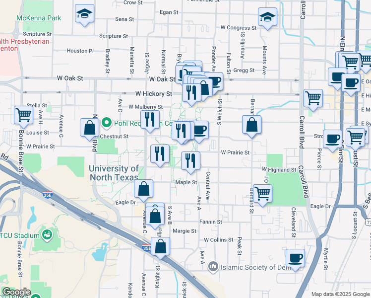map of restaurants, bars, coffee shops, grocery stores, and more near 1155 Union Circle in Denton