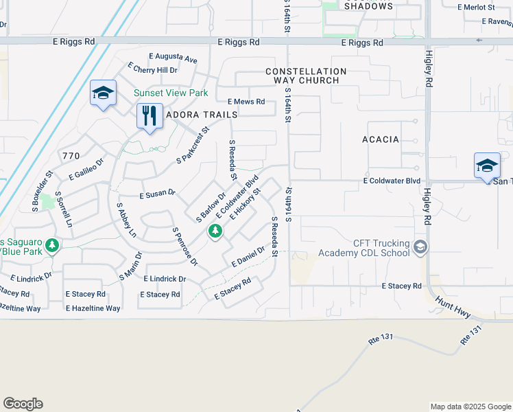 map of restaurants, bars, coffee shops, grocery stores, and more near 7704 South Reseda Street in Gilbert