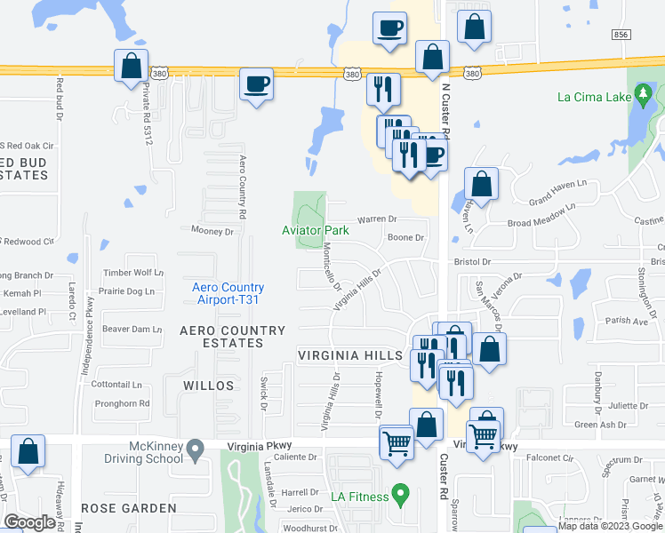 map of restaurants, bars, coffee shops, grocery stores, and more near 1121 Piedmont Drive in McKinney