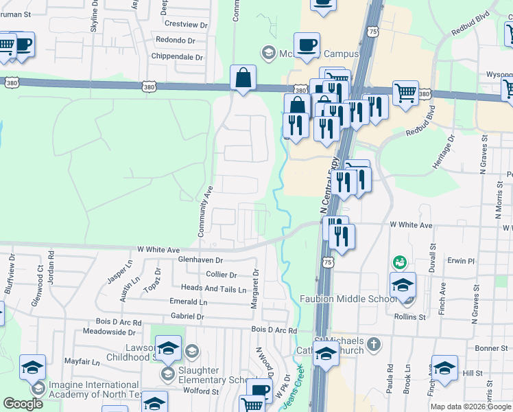 map of restaurants, bars, coffee shops, grocery stores, and more near 1324 Creekbank Drive in McKinney
