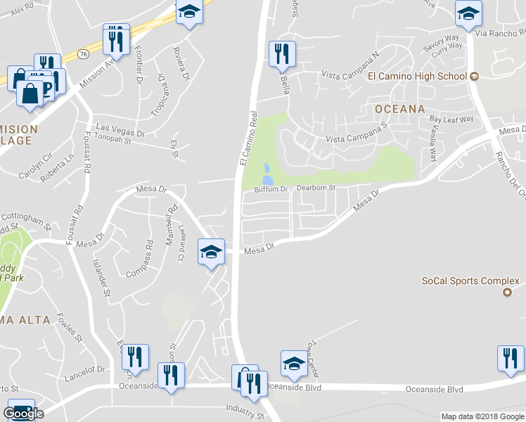 map of restaurants, bars, coffee shops, grocery stores, and more near 3552 Bartlett Avenue in Oceanside