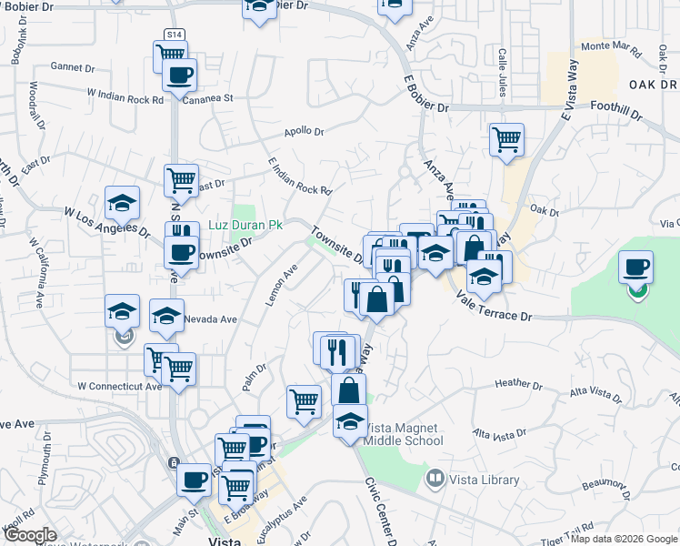 map of restaurants, bars, coffee shops, grocery stores, and more near 615 Truly Terrace in Vista