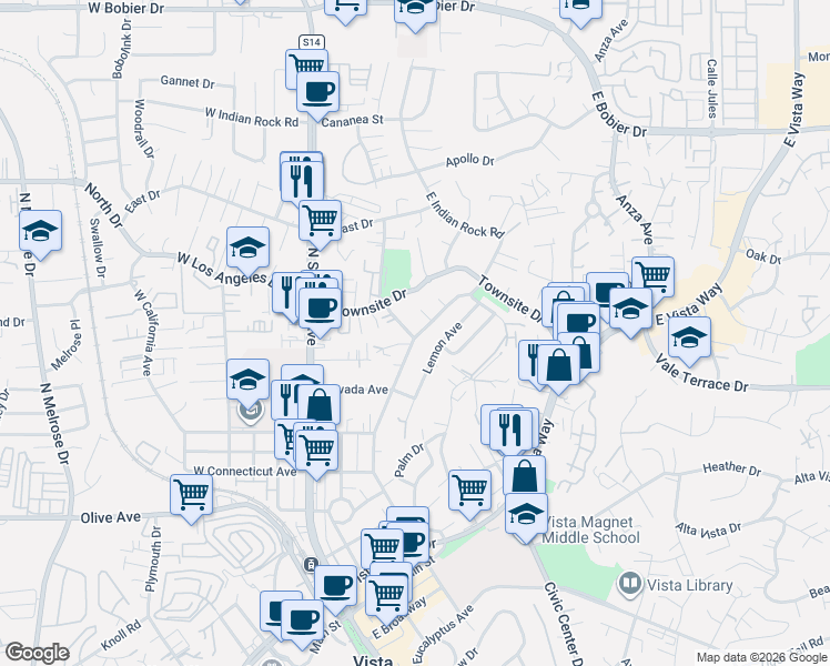 map of restaurants, bars, coffee shops, grocery stores, and more near 764 North Citrus Avenue in Vista