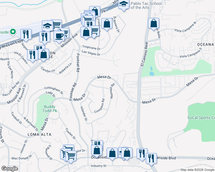 map of restaurants, bars, coffee shops, grocery stores, and more near 342 Mainsail Road in Oceanside